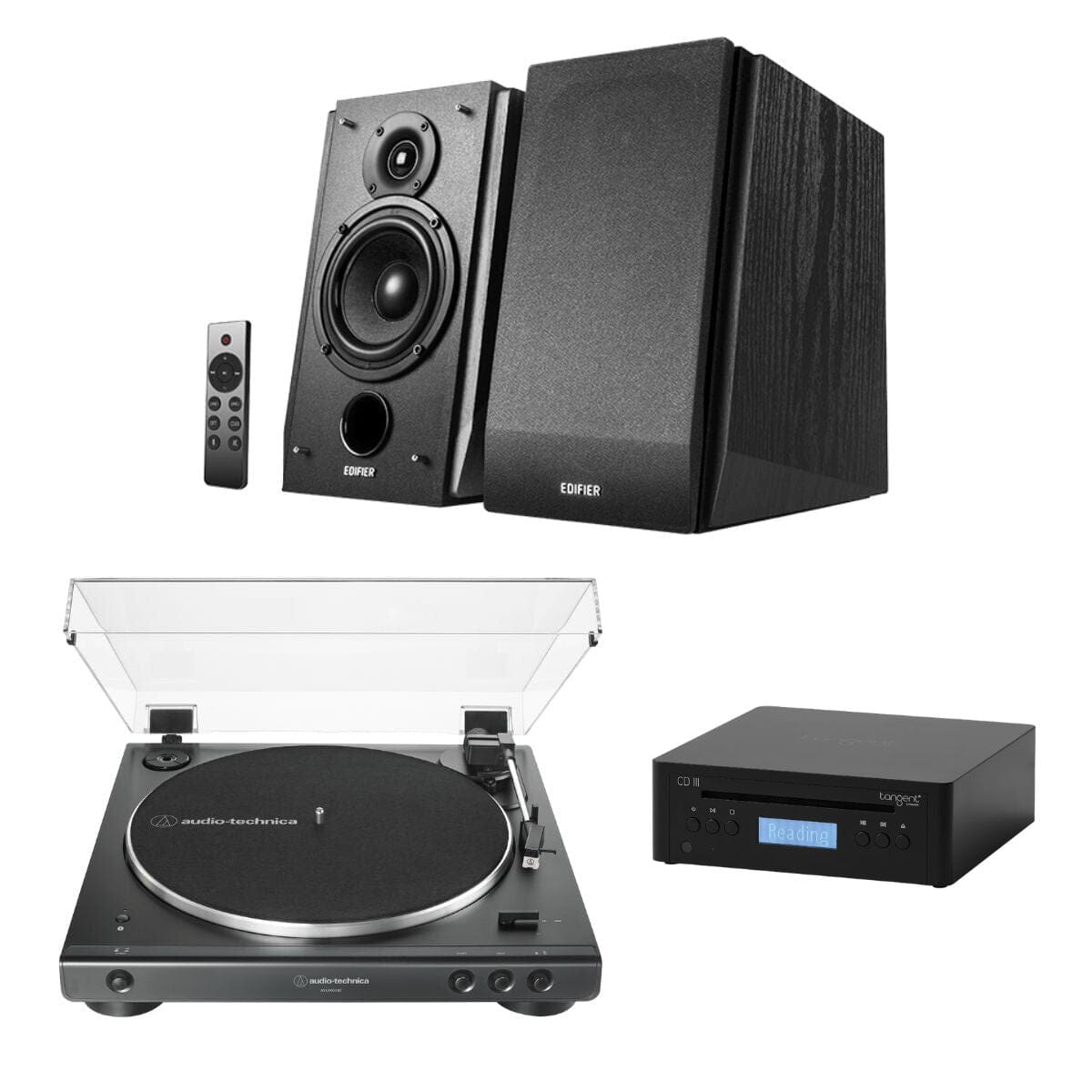 Edifier R1855DB Bluetooth Speakers + Audio-Technica LP60XBT Turntable + Tangent CD III Player Bundle - K&B Audio