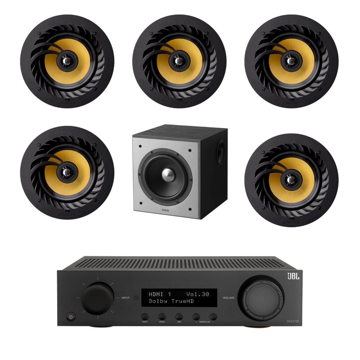 JBL MA310 + Lithe Audio 5.1 6.5" In Ceiling Surround Sound System with 8" Subwoofer - K&B Audio