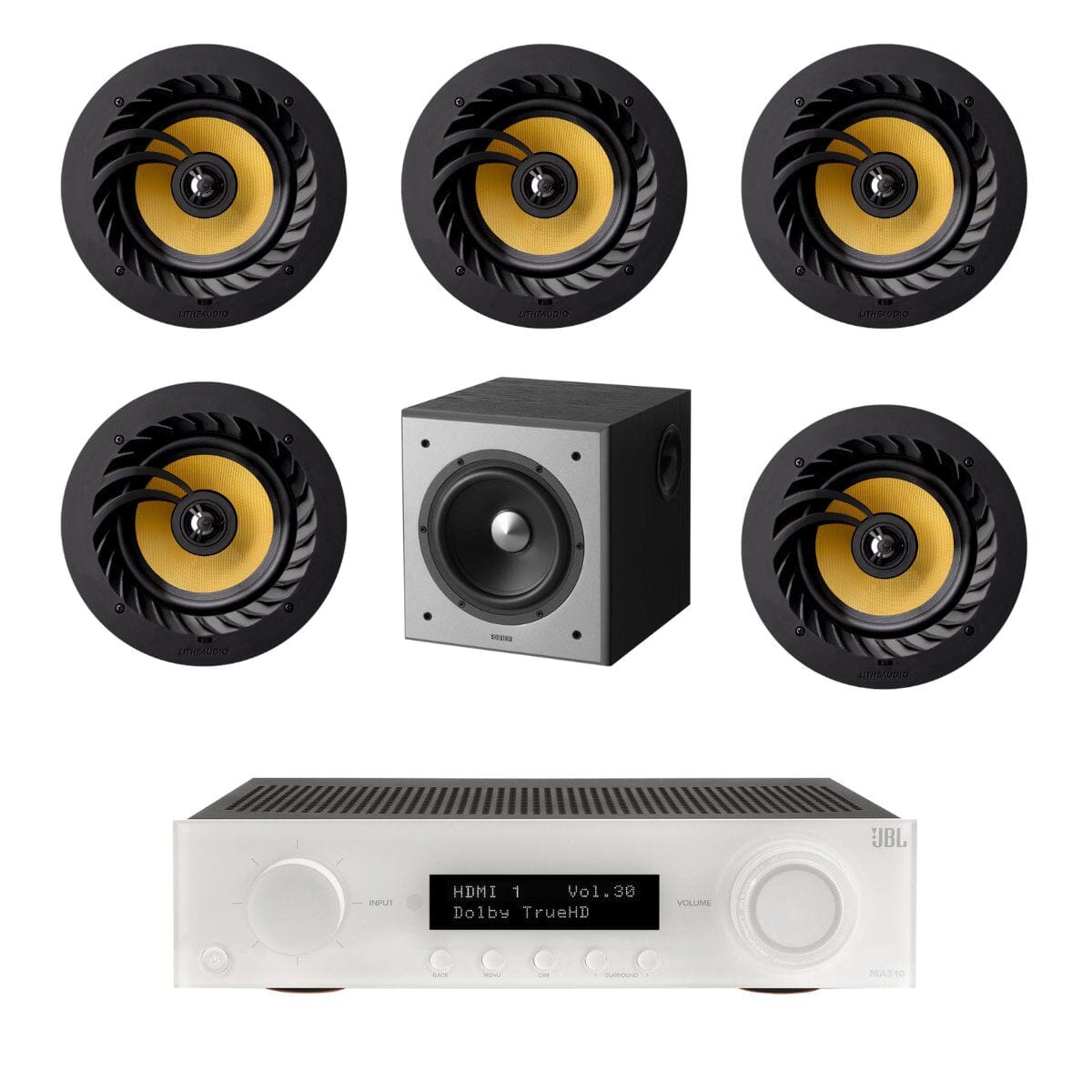 JBL MA310 + Lithe Audio 5.1 6.5" In Ceiling Surround Sound System with 8" Subwoofer - K&B Audio