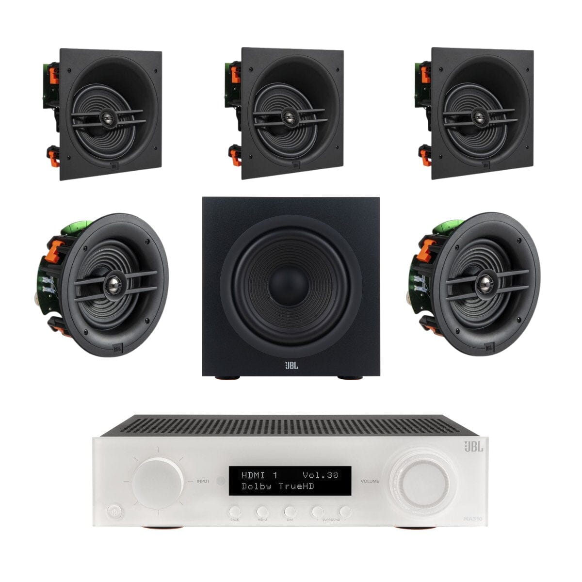 JBL MA310 + Stage 260C 5.1 6.5" Angled In Ceiling Surround Sound System with 10" Subwoofer - K&B Audio