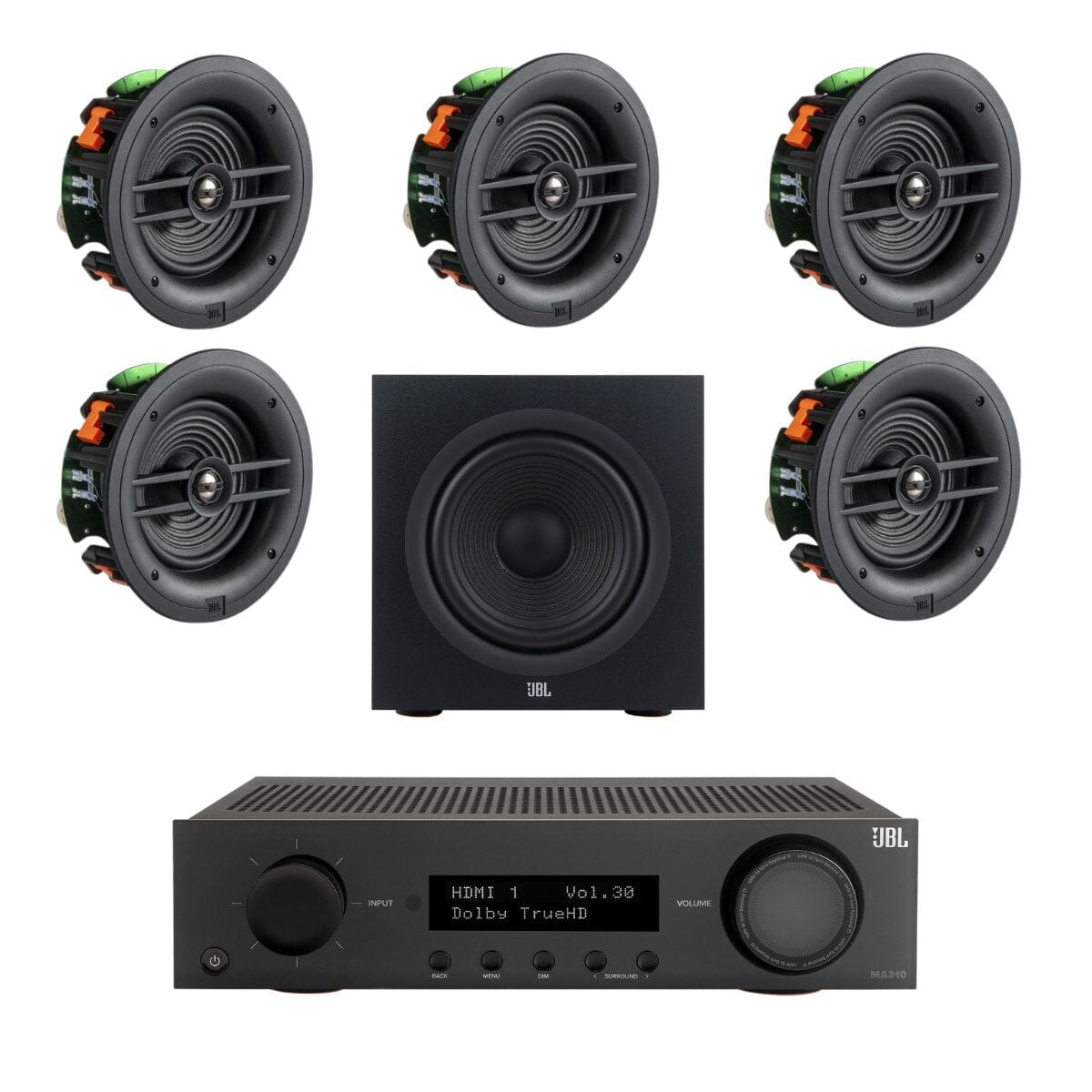 JBL MA310 + Stage 260C 5.1 6.5" In Ceiling Surround Sound System with 10" Subwoofer - K&B Audio