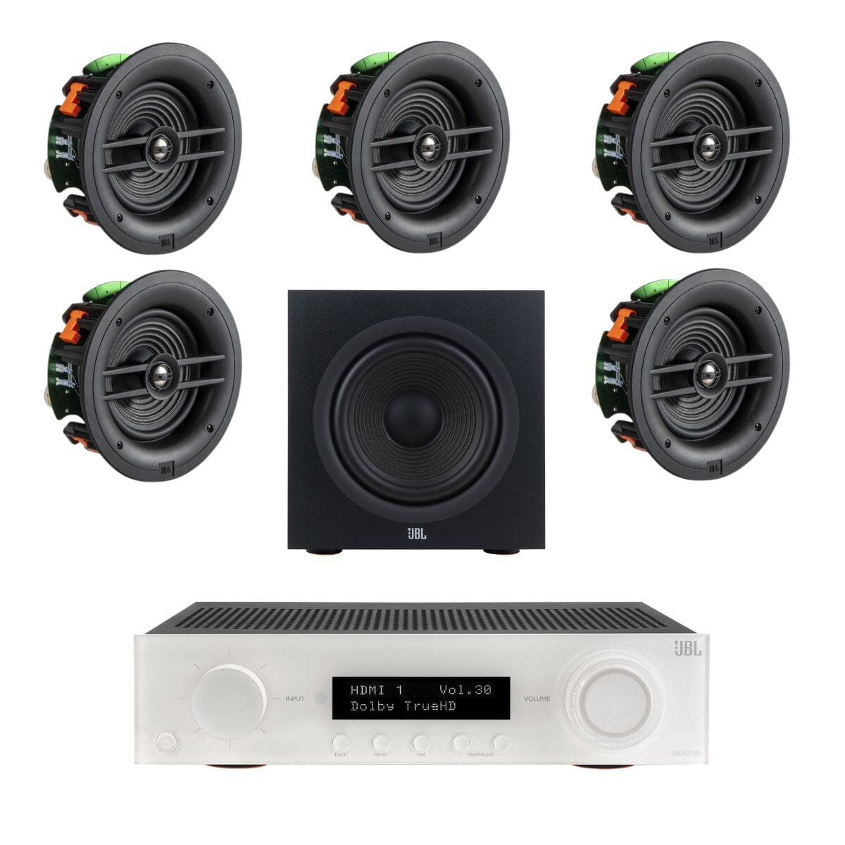 JBL MA310 + Stage 260C 5.1 6.5" In Ceiling Surround Sound System with 10" Subwoofer - K&B Audio