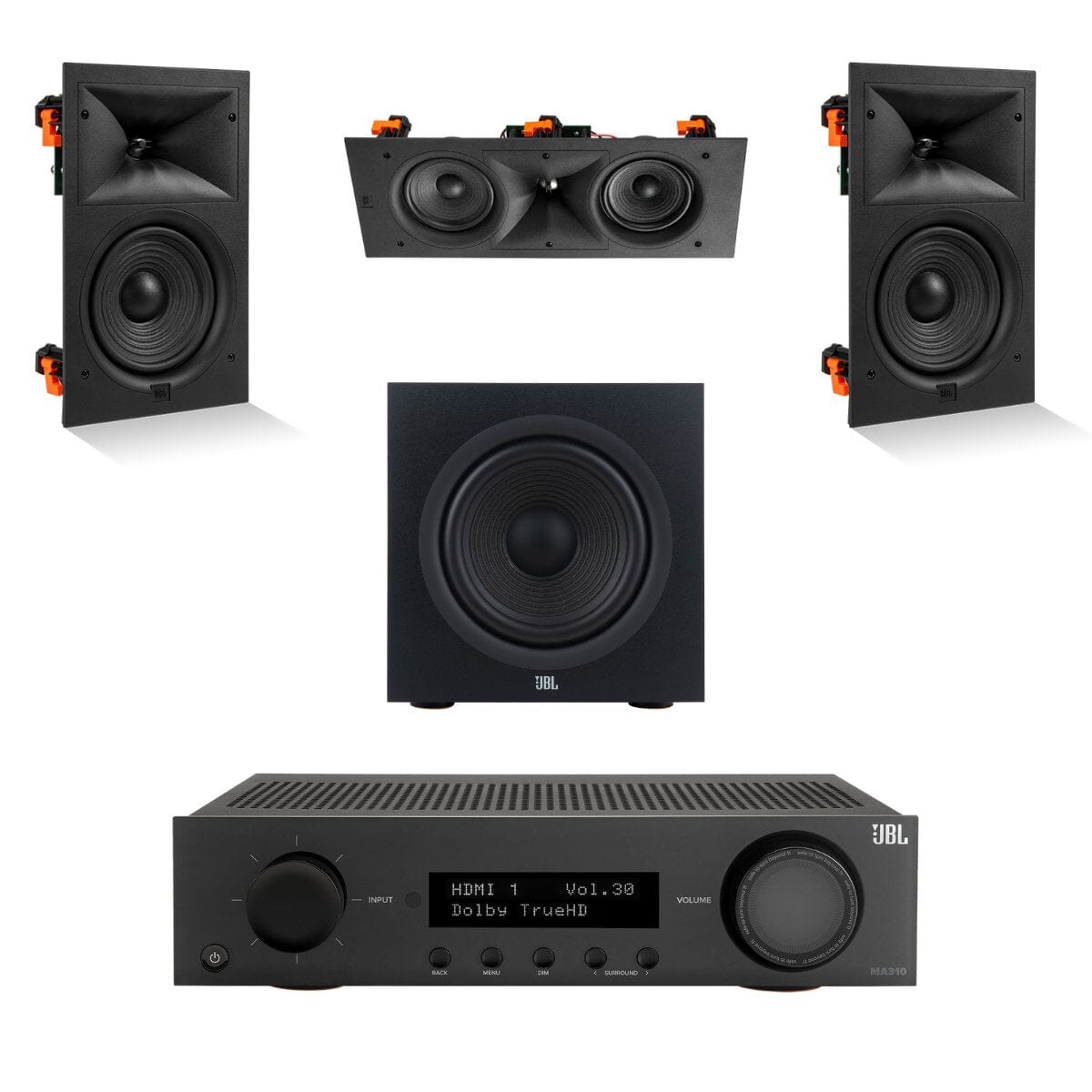 JBL MA310 + Stage 260W 3.1 6.5" In Wall Surround Sound System with 10" Subwoofer - K&B Audio