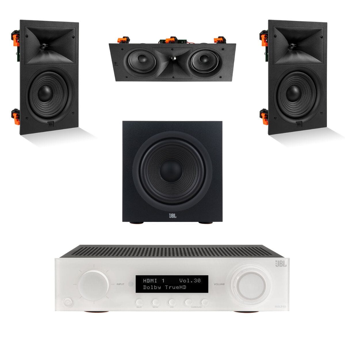 JBL MA310 + Stage 260W 3.1 6.5" In Wall Surround Sound System with 10" Subwoofer - K&B Audio