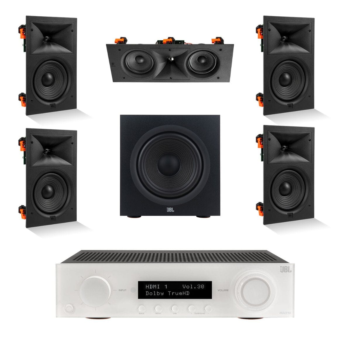 JBL MA310 + Stage 260W 5.1 6.5" In Wall Surround Sound System with 10" Subwoofer - K&B Audio