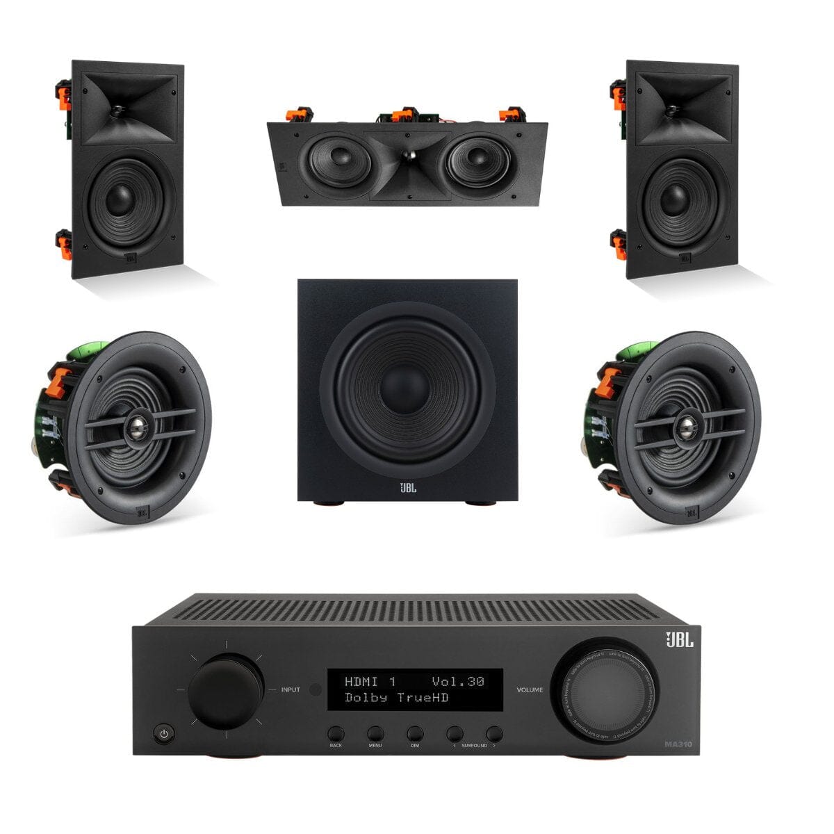 JBL MA310 + Stage 260W 5.1 6.5" In Ceiling/Wall Surround Sound System with 10" Subwoofer - K&B Audio