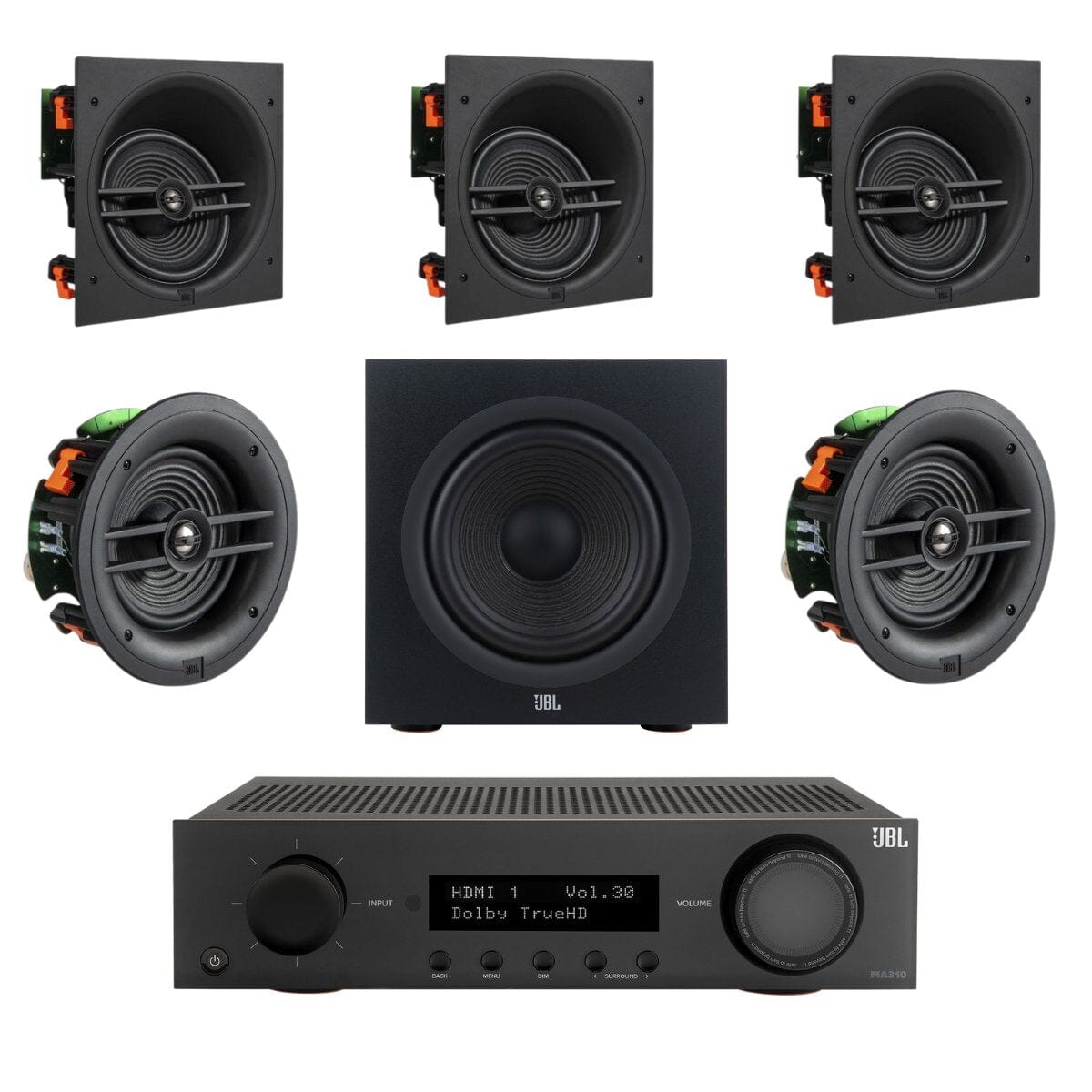 JBL MA310 + Stage 280C 5.1 8" Angled In Ceiling Surround Sound System with 12" Subwoofer - K&B Audio