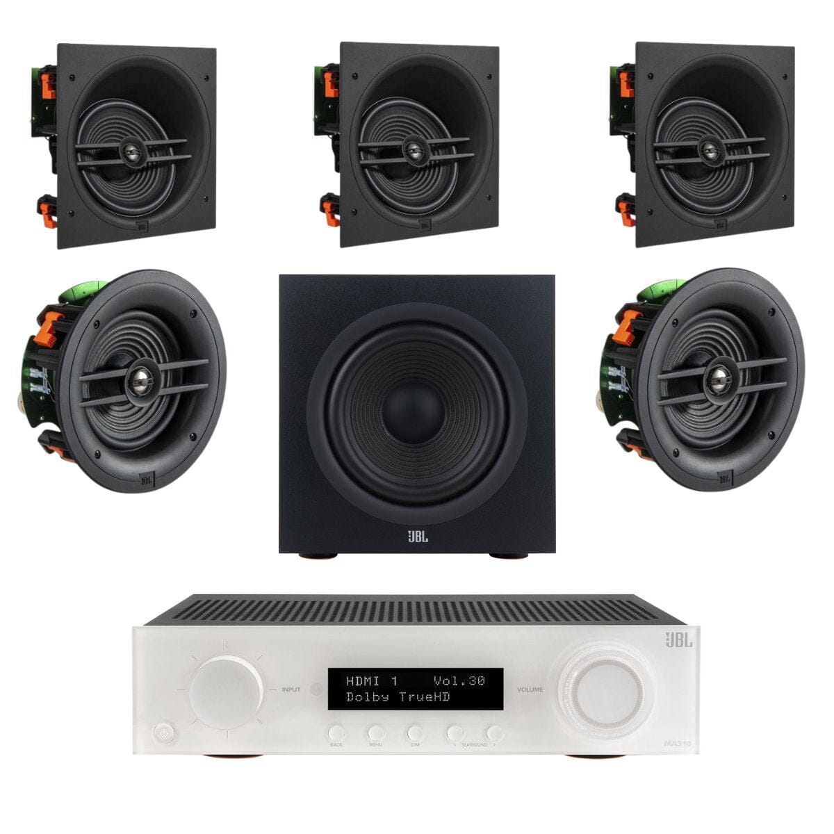 JBL MA310 + Stage 280C 5.1 8" Angled In Ceiling Surround Sound System with 12" Subwoofer - K&B Audio