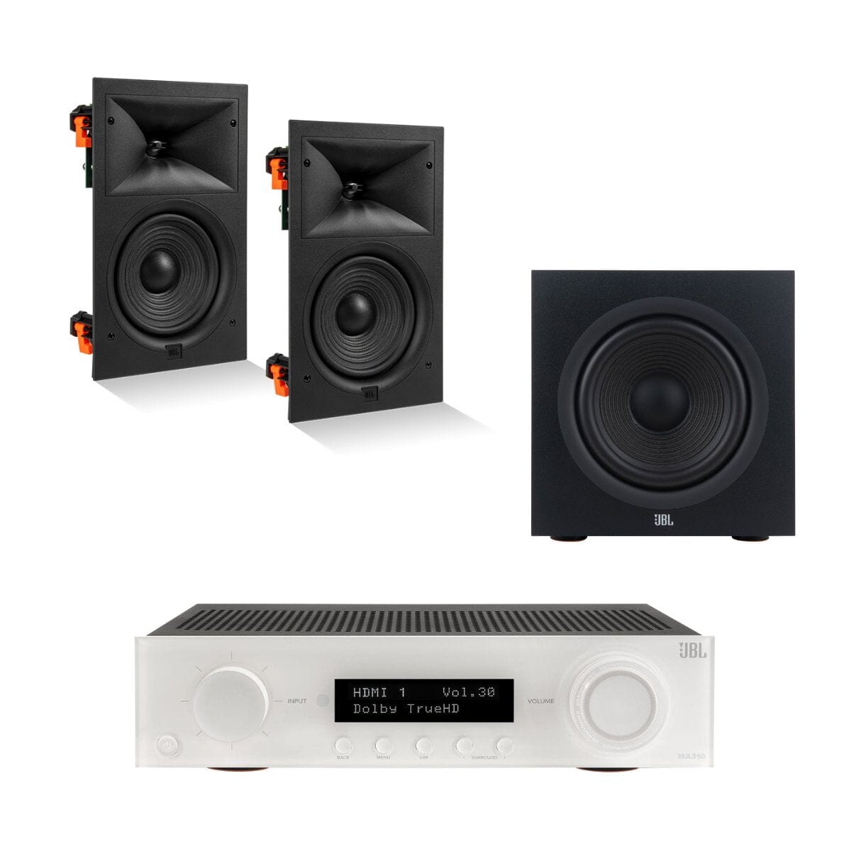 JBL MA310 + Stage 280W 2.1 8" In Wall Surround Sound System with 12" Subwoofer - K&B Audio