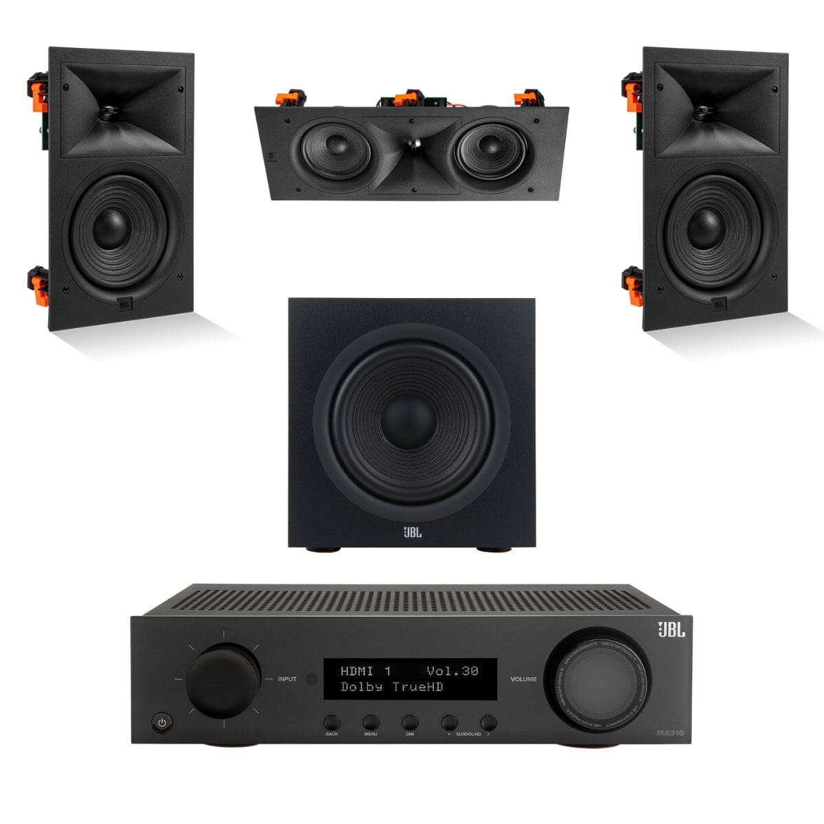 JBL MA310 + Stage 280W 3.1 8" In Wall Surround Sound System with 12" Subwoofer - K&B Audio