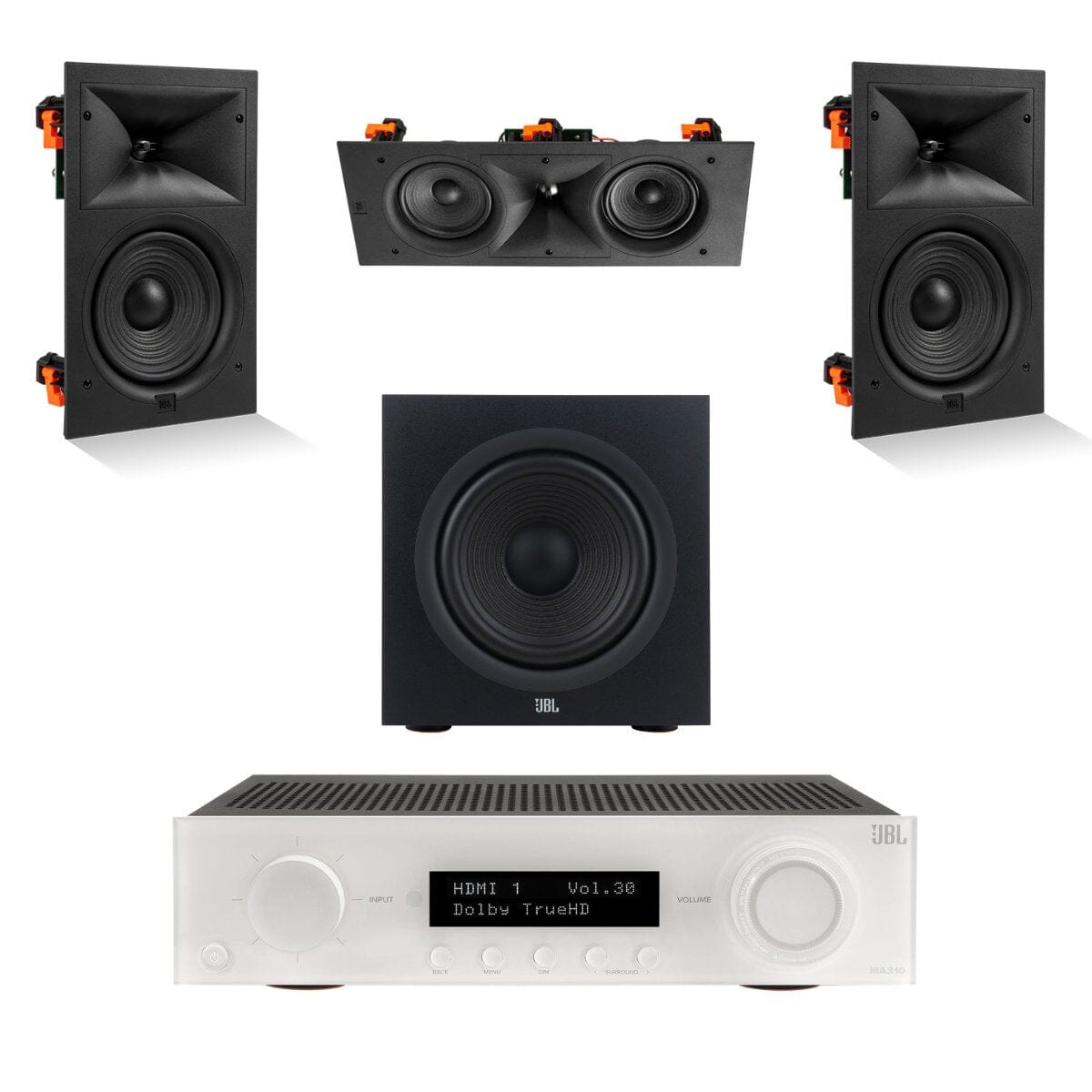 JBL MA310 + Stage 280W 3.1 8" In Wall Surround Sound System with 12" Subwoofer - K&B Audio