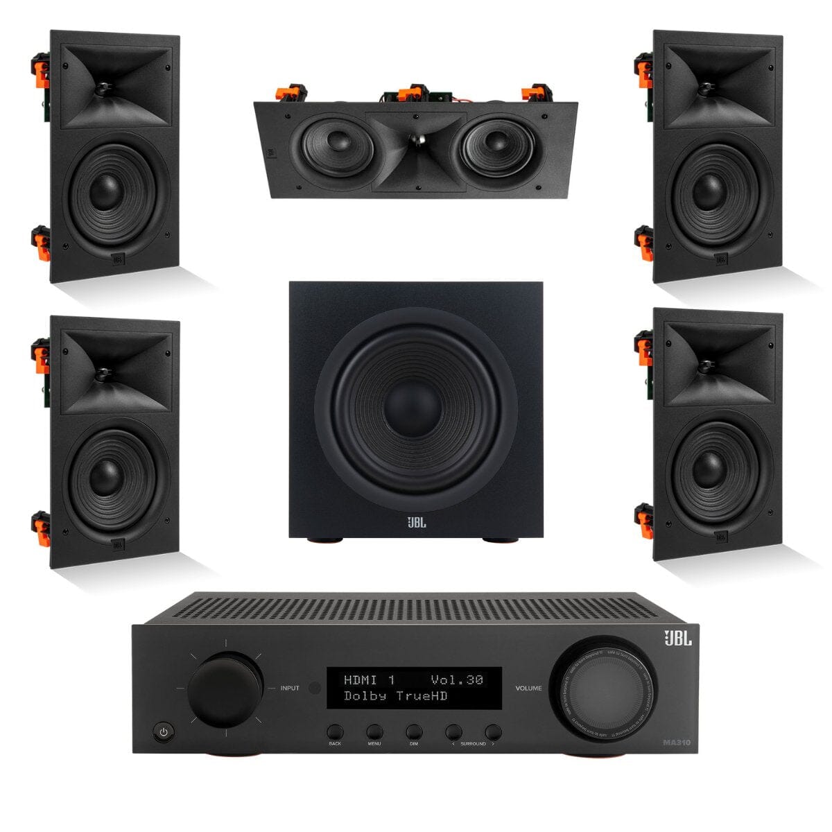 JBL MA310 + Stage 280W 5.1 8" In Wall Surround Sound System with 12" Subwoofer - K&B Audio