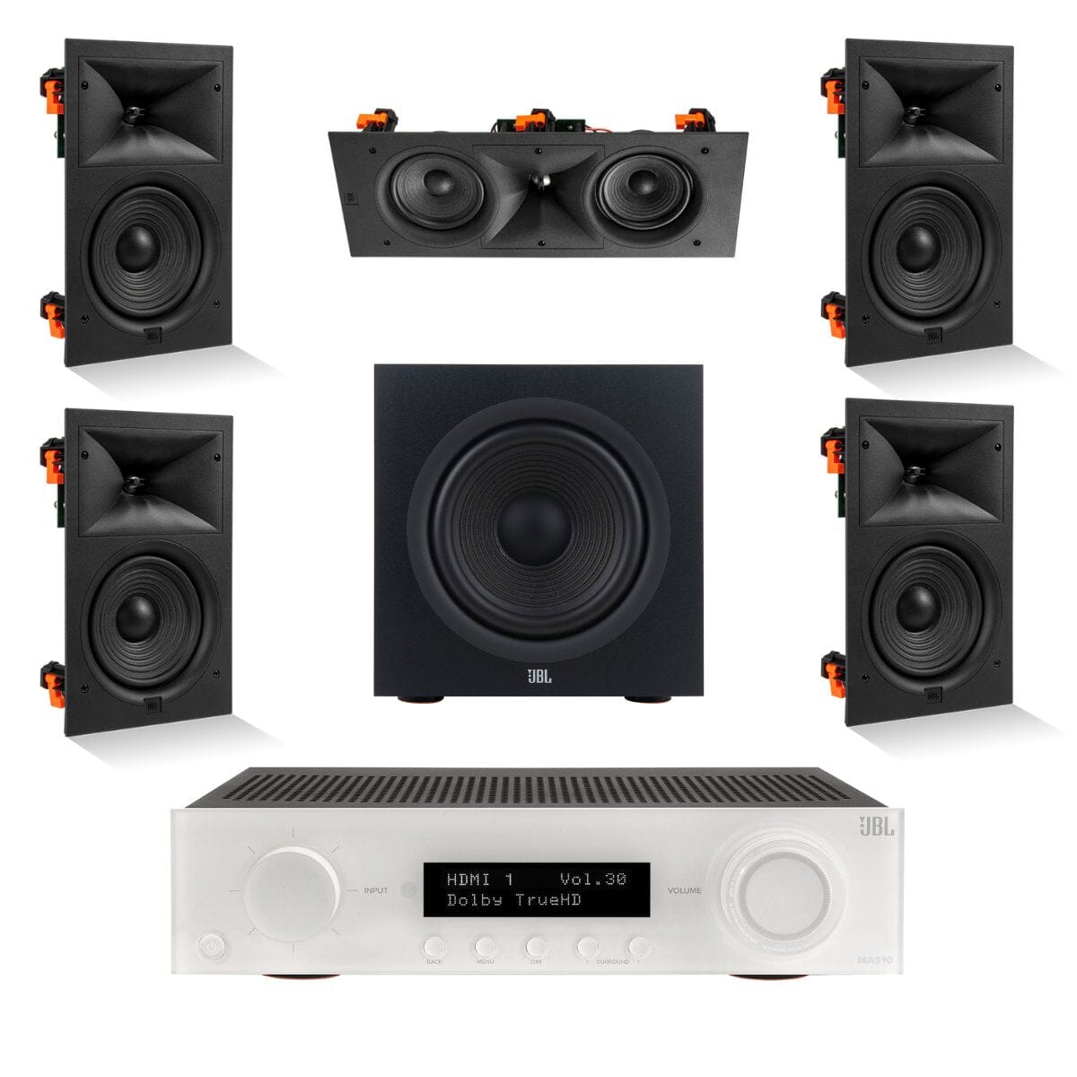 JBL MA310 + Stage 280W 5.1 8" In Wall Surround Sound System with 12" Subwoofer - K&B Audio
