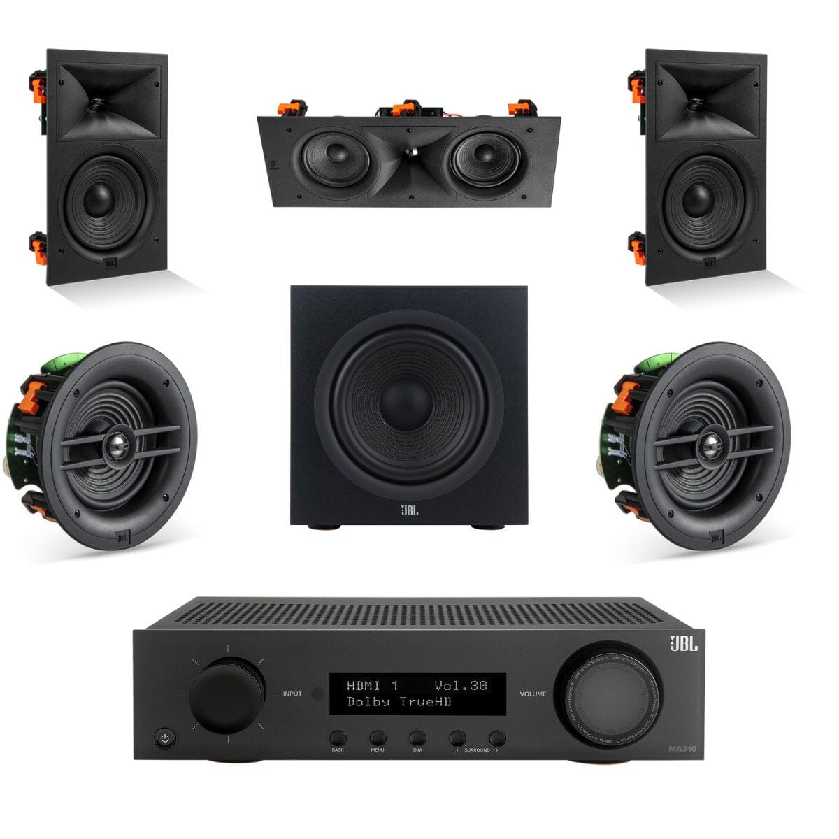 JBL MA310 + Stage 280W 5.1 8" In Ceiling/Wall Surround Sound System with 12" Subwoofer - K&B Audio