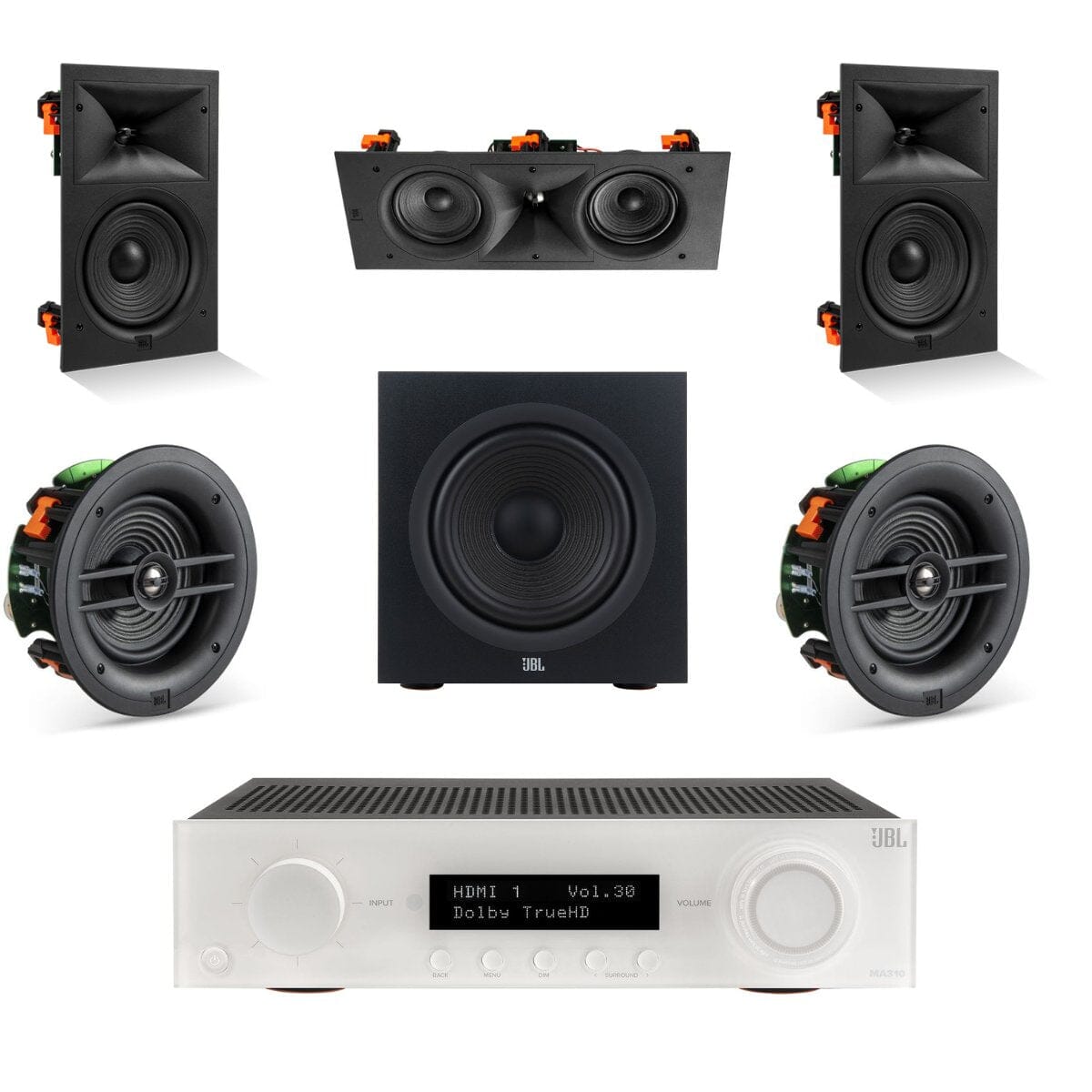 JBL MA310 + Stage 280W 5.1 8" In Ceiling/Wall Surround Sound System with 12" Subwoofer - K&B Audio