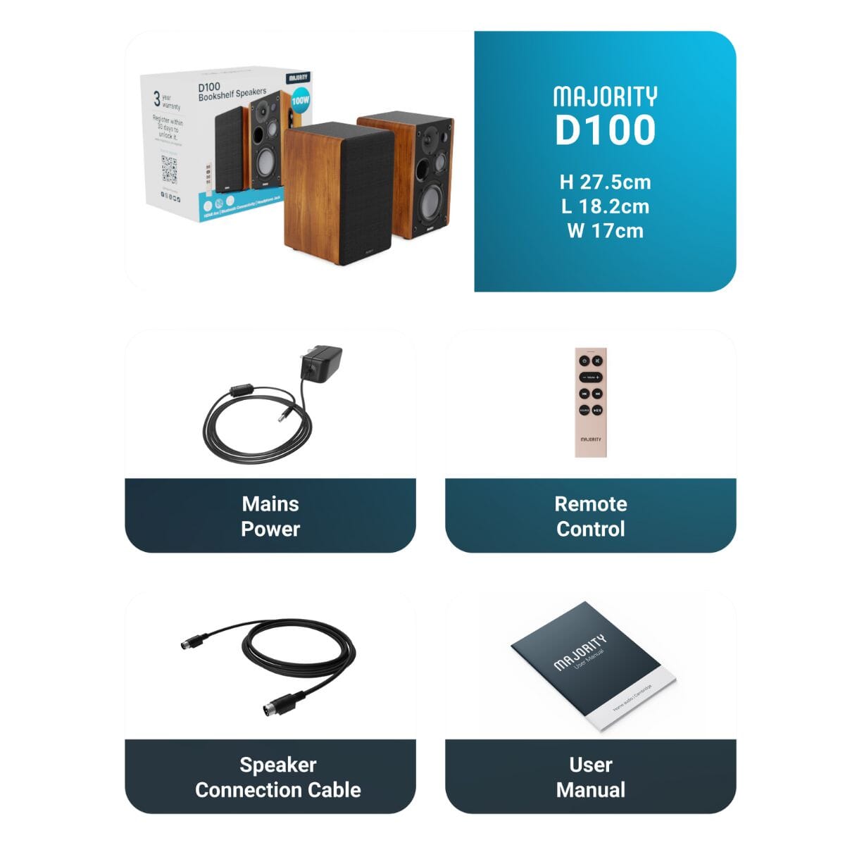 Majority D100 Active Bookshelf Speakers - Bluetooth, HDMI, USB - 100W - K&B Audio