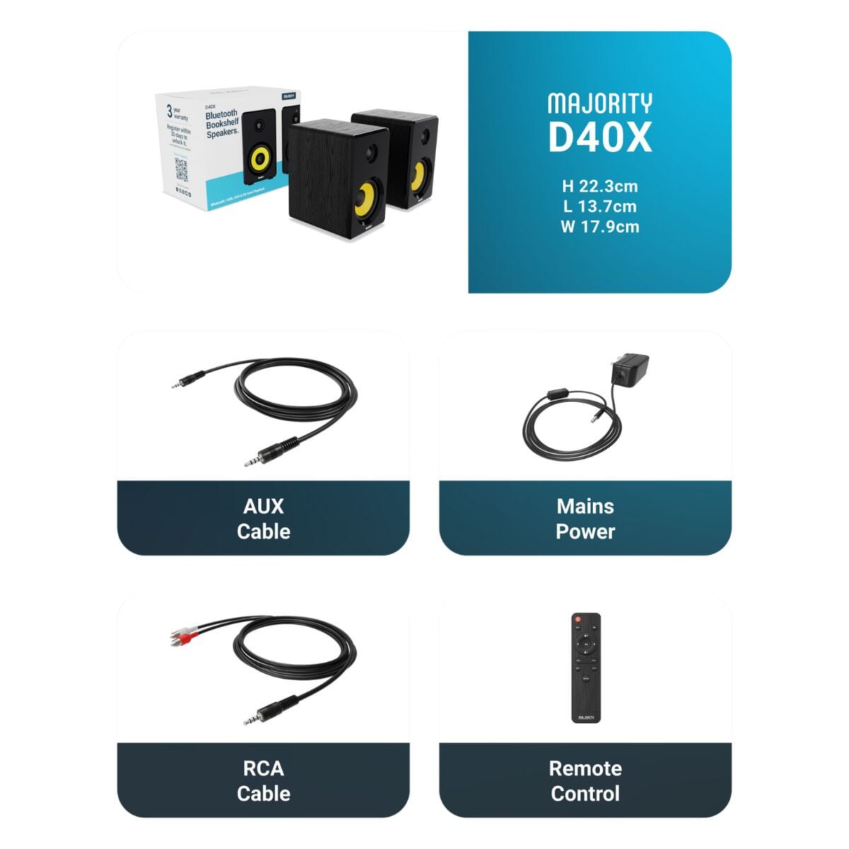 Majority D40X Active Bookshelf Speakers - Bluetooth & USB - 70W - K&B Audio