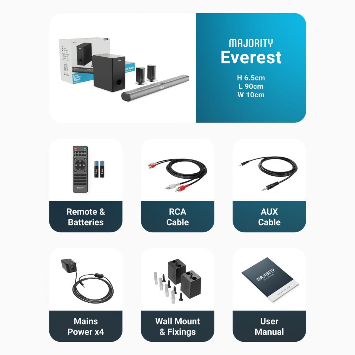 Majority Everest 5.1 Dolby Audio Surround Sound System with Soundbar & Wireless Subwoofer - 300W - Bluetooth, HDMI - K&B Audio