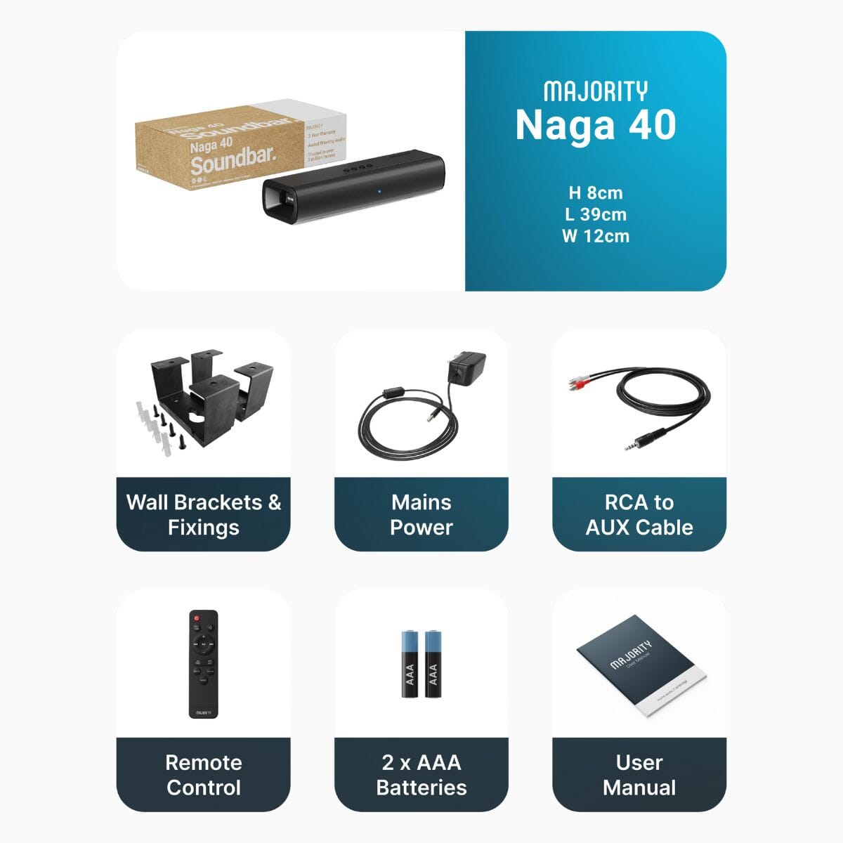 Majority Naga 40 Soundbar - 70W - Bluetooth, HDMI - K&B Audio