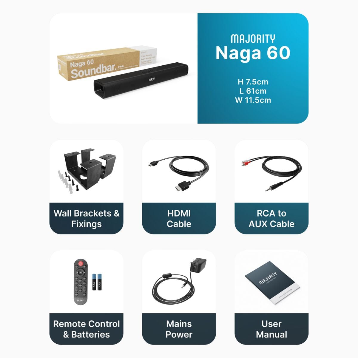 Majority Naga 60 2.1 Soundbar with Built-In Subwoofer - 120W - Bluetooth, HDMI - K&B Audio