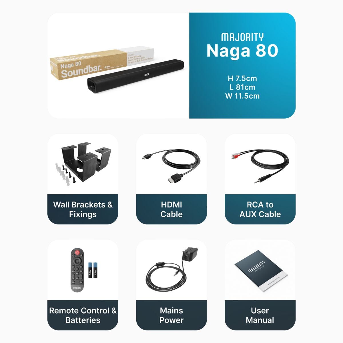 Majority Naga 80 2.1 Soundbar with Built-In Subwoofer - 140W - Bluetooth, HDMI - K&B Audio