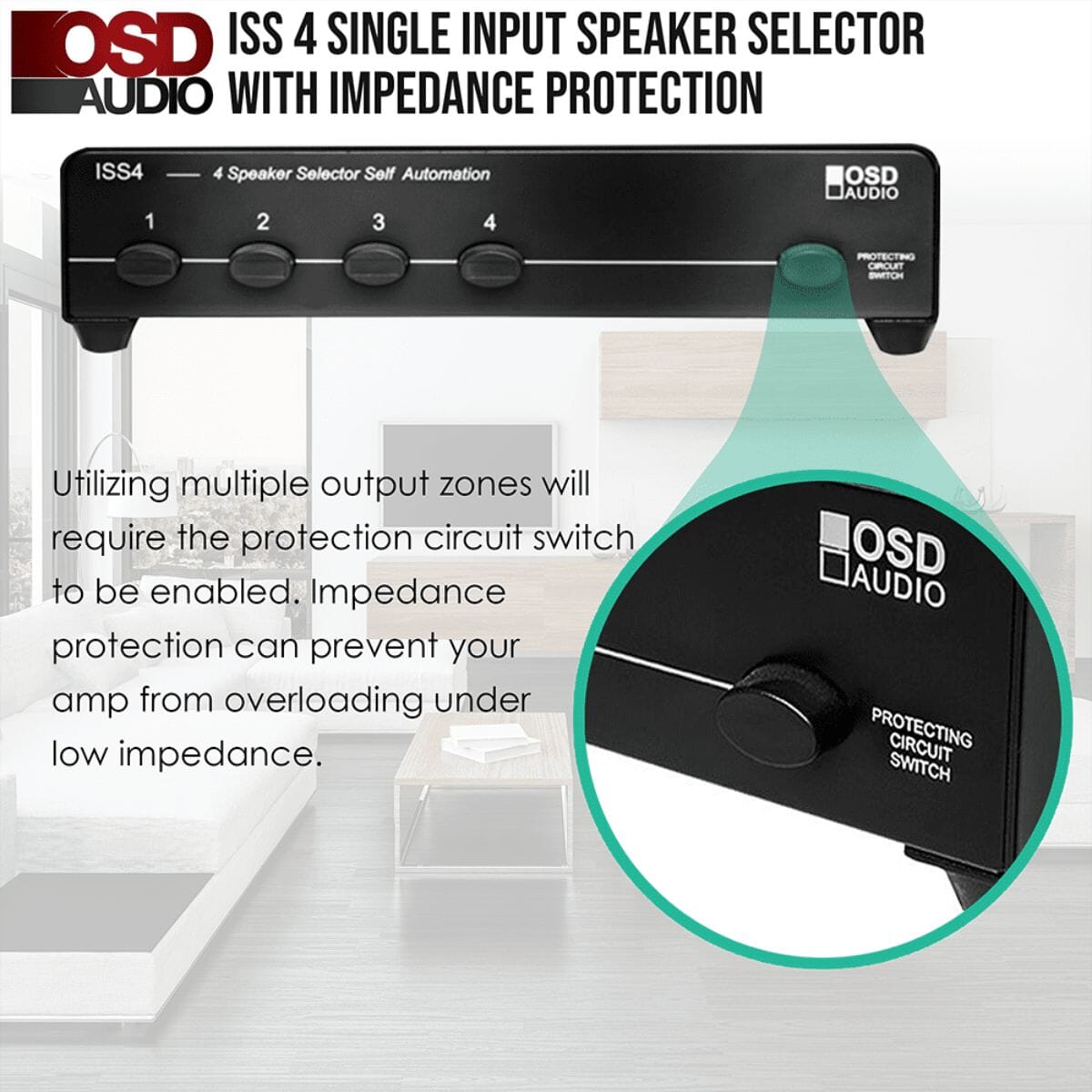 OSD Audio ISS4 4 Zone Speaker Selector Switch with Impedance Protection - K&B Audio