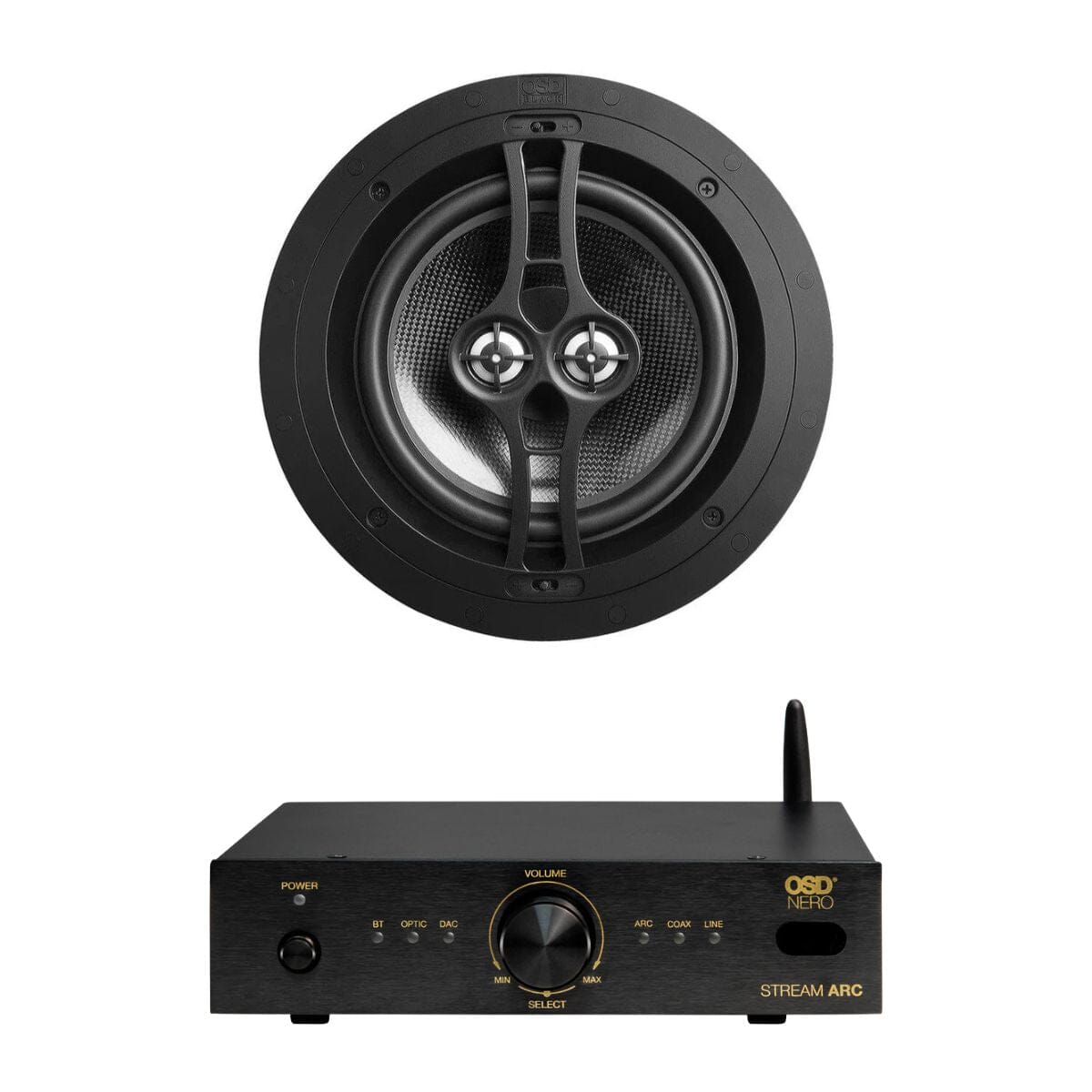 OSD Audio Nero Stream ARC Amplifier + R83DT 8" Stereo Ceiling Speaker - K&B Audio