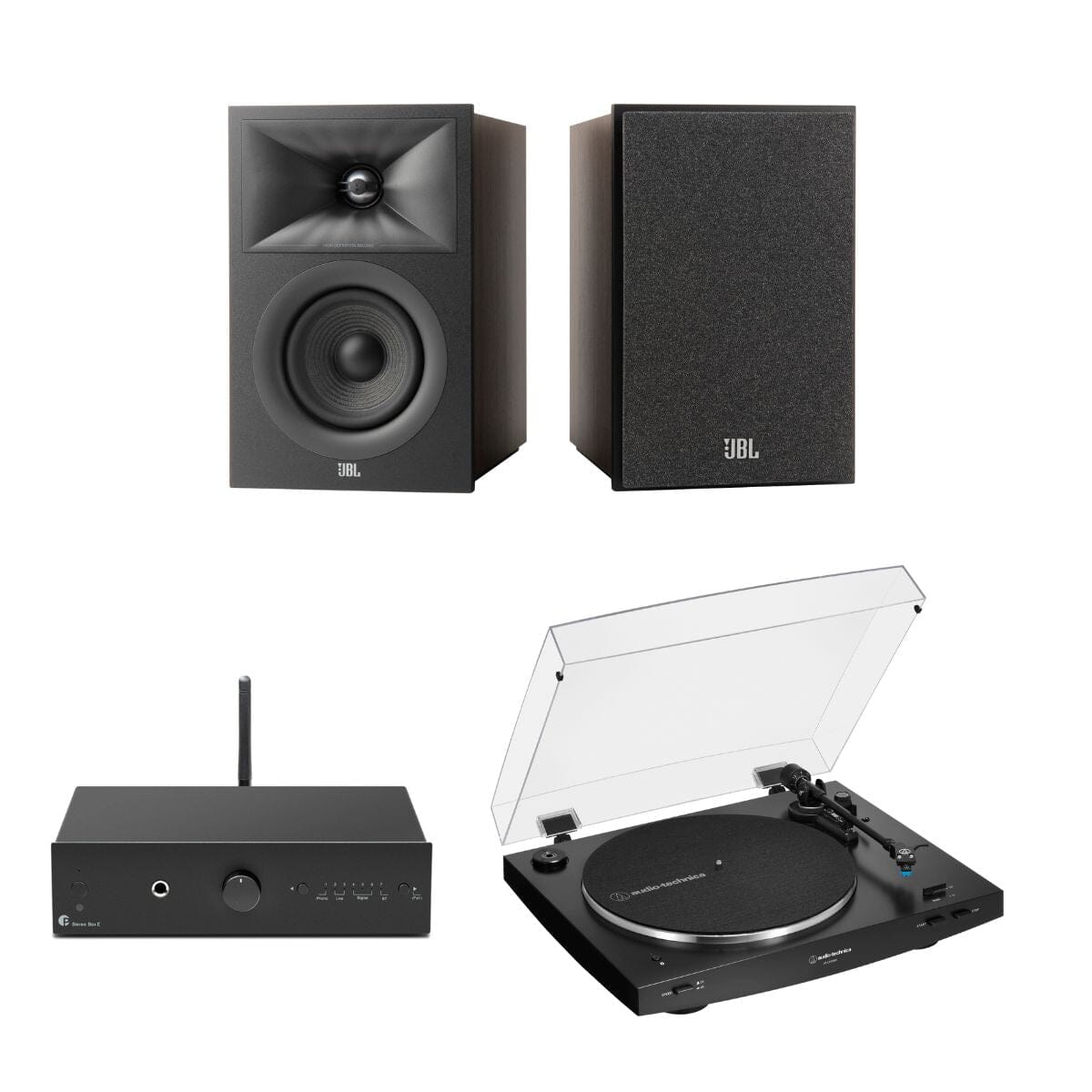Pro-Ject Stereo Box E + Audio-Technica LP3XBT + JBL240B Bookshelf Speakers - K&B Audio