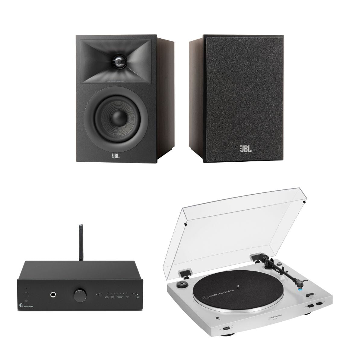 Pro-Ject Stereo Box E + Audio-Technica LP3XBT + JBL240B Bookshelf Speakers - K&B Audio