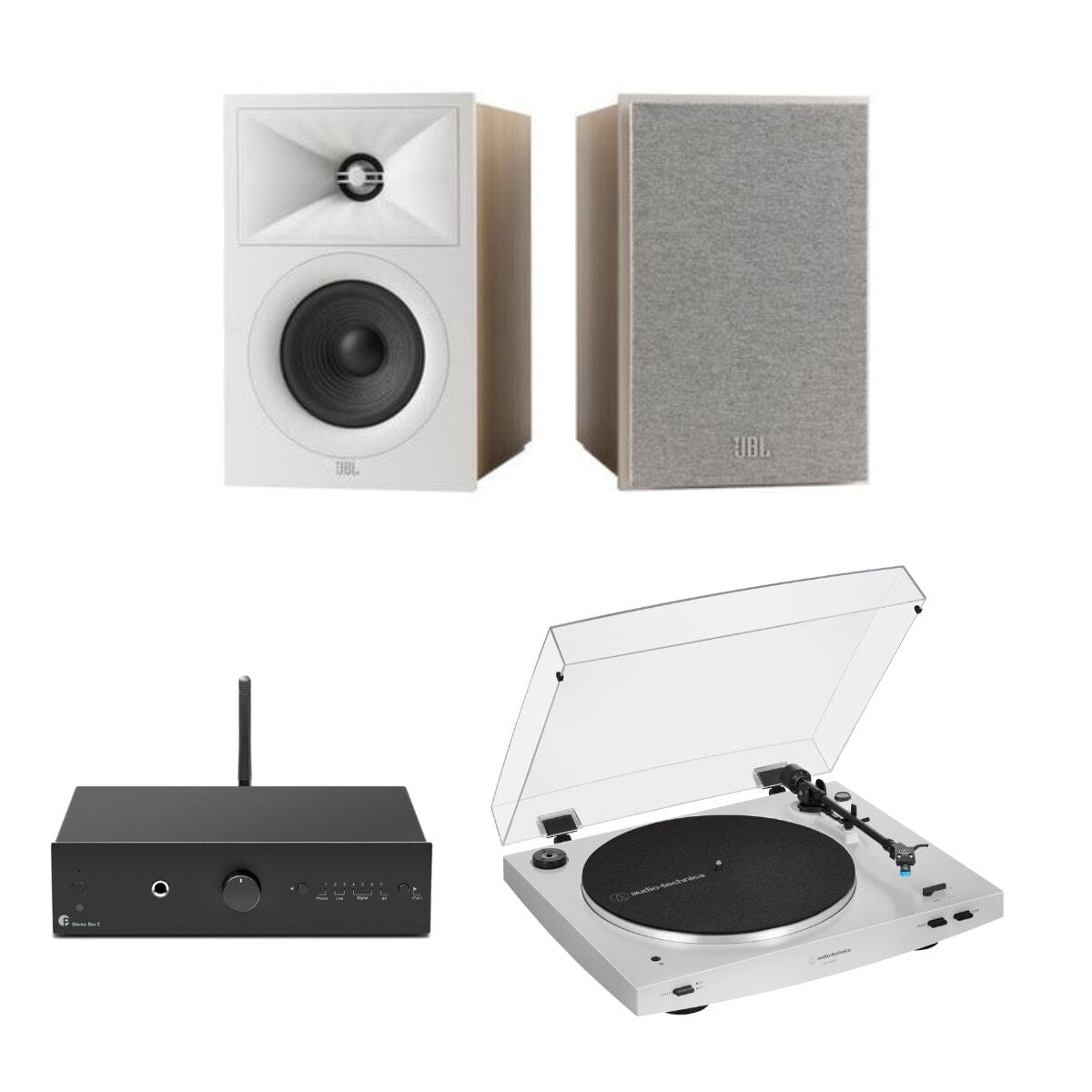 Pro-Ject Stereo Box E + Audio-Technica LP3XBT + JBL240B Bookshelf Speakers - K&B Audio