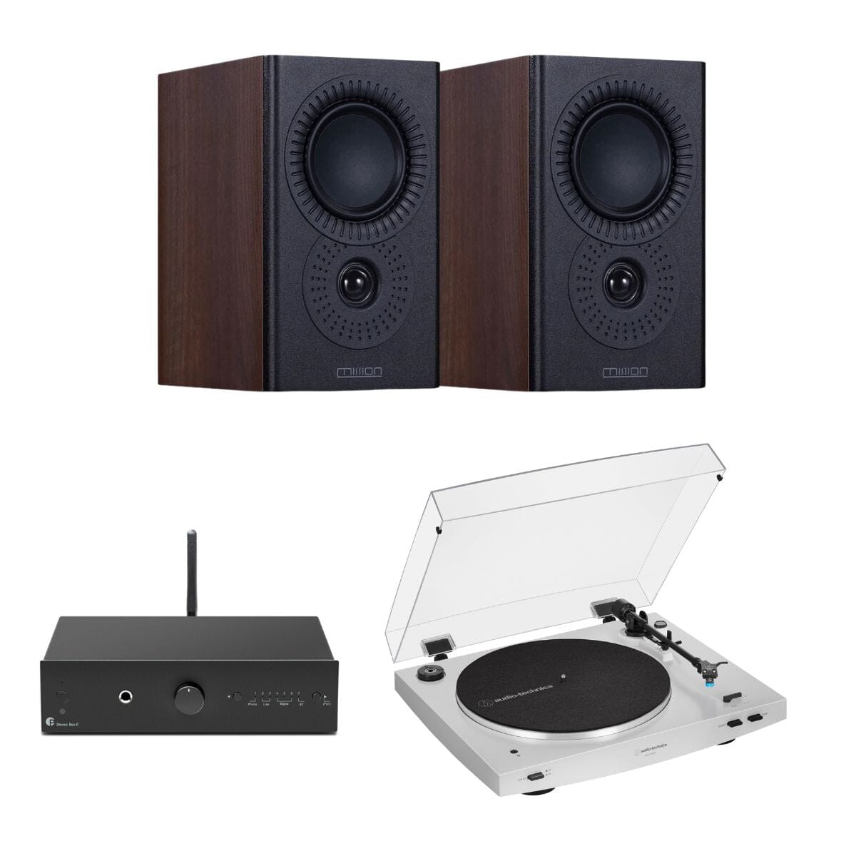 Pro-Ject Stereo Box E + Audio-Technica LP3XBT + Mission LX-1 Bookshelf Speakers - K&B Audio