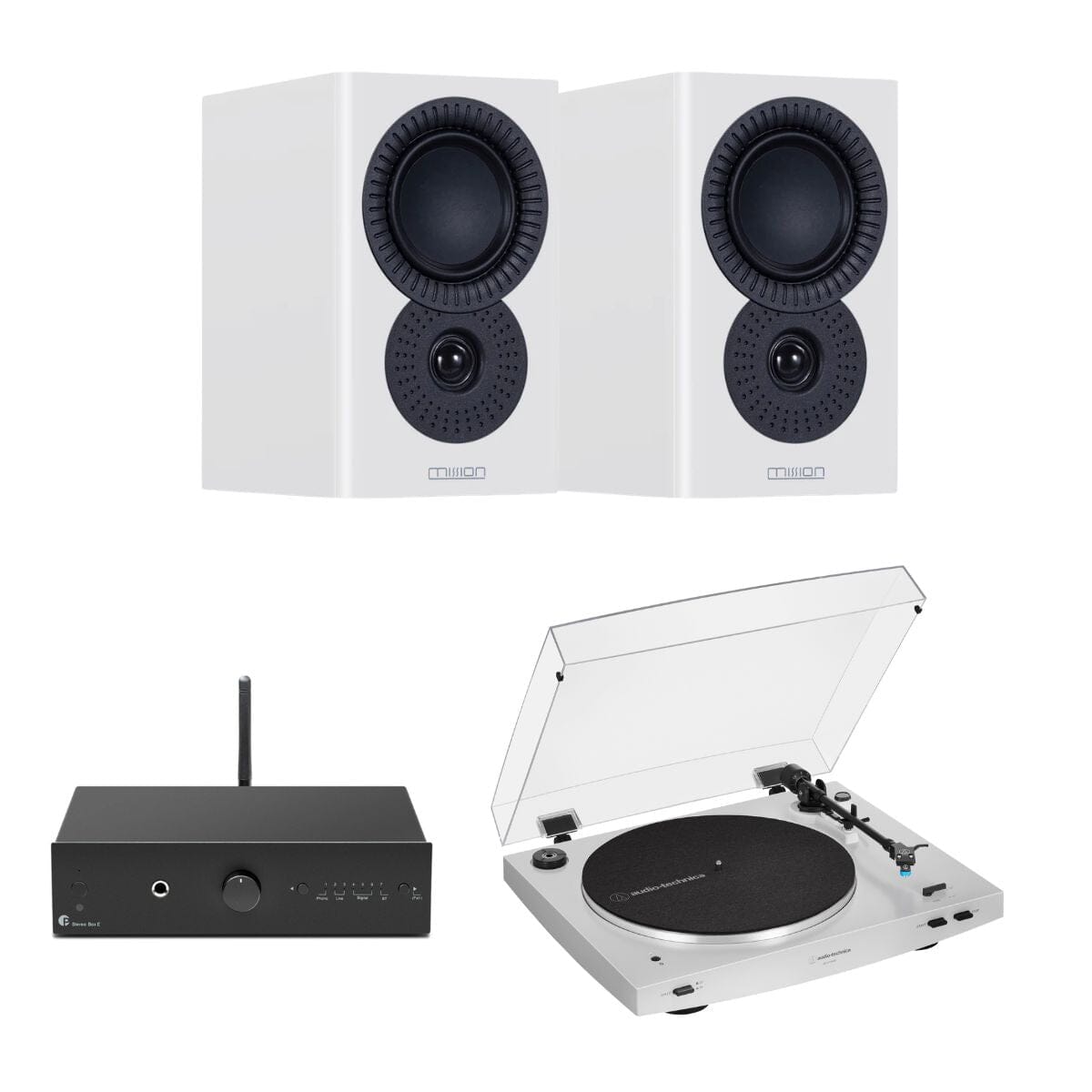 Pro-Ject Stereo Box E + Audio-Technica LP3XBT + Mission LX-1 Bookshelf Speakers - K&B Audio