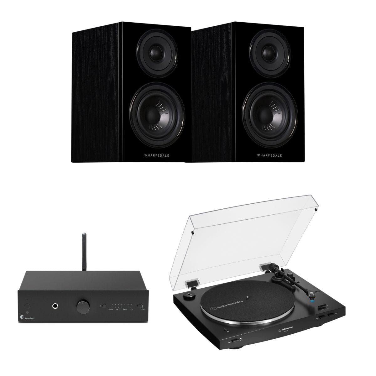 Pro-Ject Stereo Box E + Audio-Technica LP3XBT + Wharfedale Diamond 12.0 Bookshelf Speakers - K&B Audio