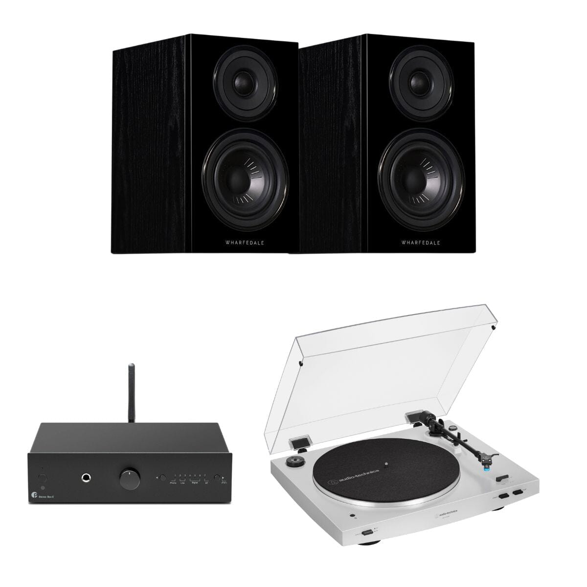 Pro-Ject Stereo Box E + Audio-Technica LP3XBT + Wharfedale Diamond 12.0 Bookshelf Speakers - K&B Audio
