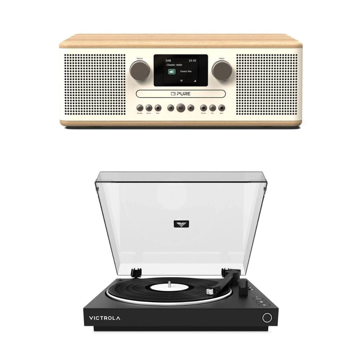 Pure Classic C-D6 CD Player, Radio & Bluetooth + Victrola Automatic Turntable - K&B Audio