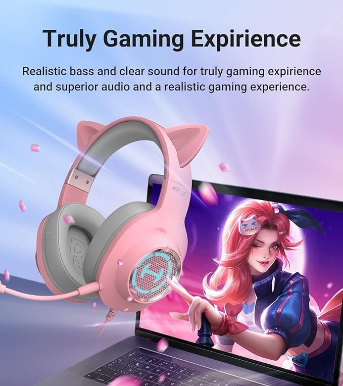 Edifier G2 II Cat Ear PC Gaming Headset Pink USB Headphones with Mic, RGB Lighting for PS4, PS5 with THX 7.1 Surround Sound, 50mm Drivers - K&B Audio
