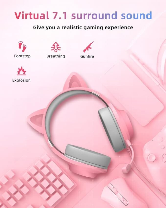 Edifier G2 II Cat Ear PC Gaming Headset Pink USB Headphones with Mic, RGB Lighting for PS4, PS5 with THX 7.1 Surround Sound, 50mm Drivers - K&B Audio