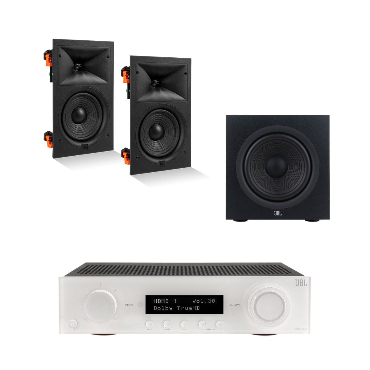 JBL MA310 + Stage 260W 2.1 6.5" In Wall Surround Sound System with 10" Subwoofer - K&B Audio