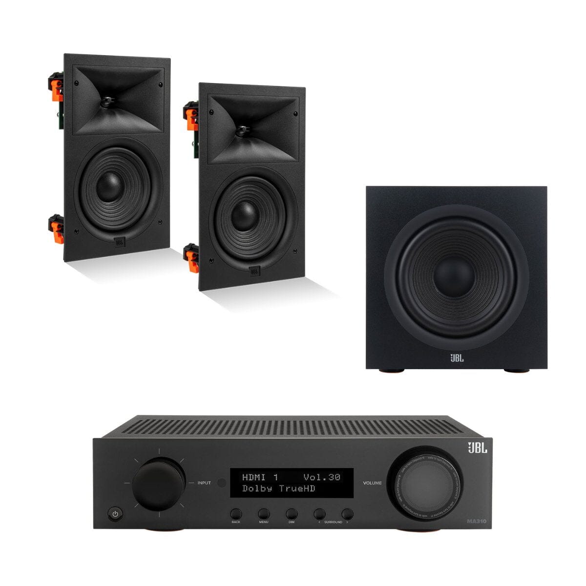 JBL MA310 + Stage 280W 2.1 8" In Wall Surround Sound System with 12" Subwoofer - K&B Audio