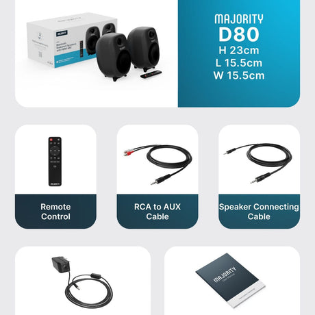 Majority D80 Active Bookshelf Speakers - Bluetooth, HDMI, USB - 80W - K&B Audio