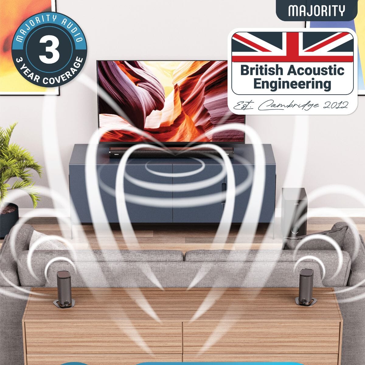 Majority Everest 5.1 Dolby Audio Surround Sound System with Soundbar & Wireless Subwoofer - 300W - Bluetooth, HDMI - K&B Audio