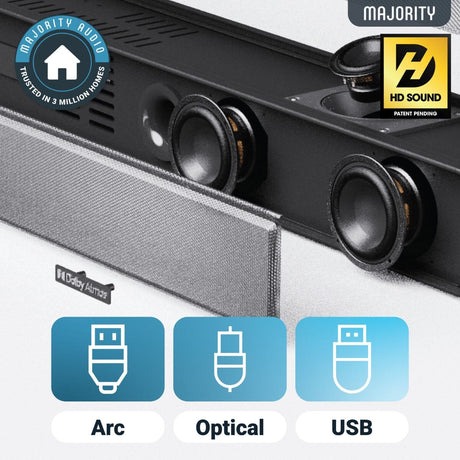 Majority Sierra Plus 2.1.2 Dolby Atmos Soundbar with Wireless Subwoofer - 400W - Bluetooth, HDMI - K&B Audio