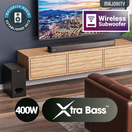 Majority Sierra Plus 2.1.2 Dolby Atmos Soundbar with Wireless Subwoofer - 400W - Bluetooth, HDMI - K&B Audio