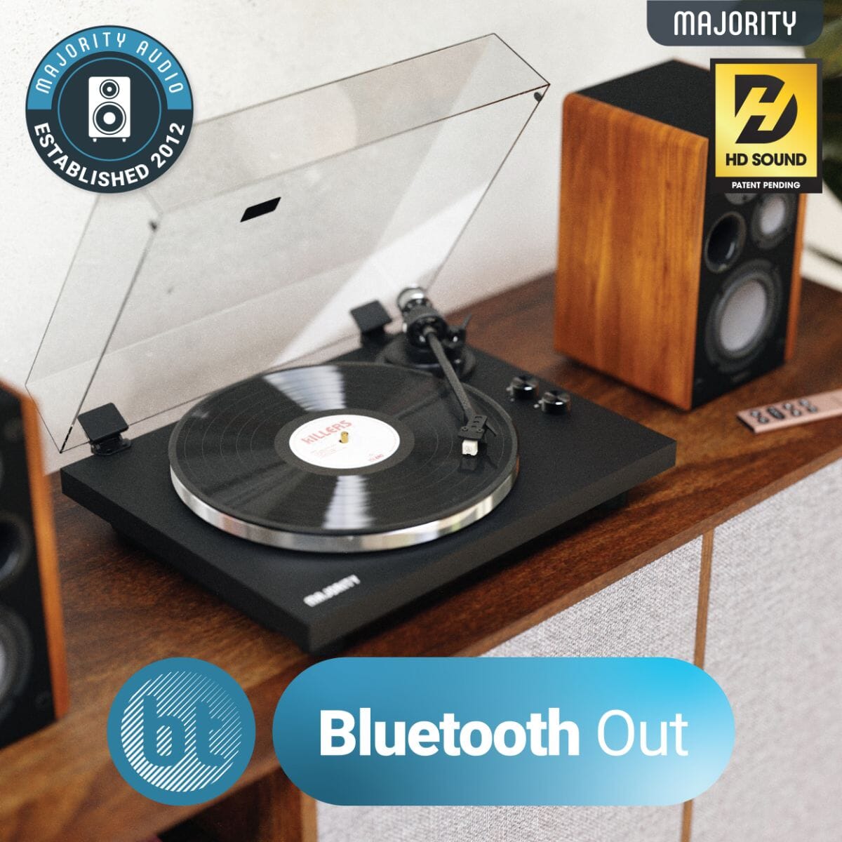 Majority Stylo Bluetooth Turntable + D100 Active Bookshelf Speakers Set - K&B Audio