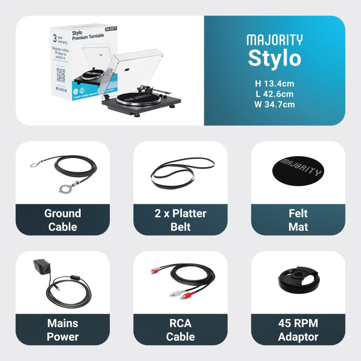 [OPEN BOX] Majority Stylo Bluetooth Turntable - Manual - 2 Speed - K&B Audio