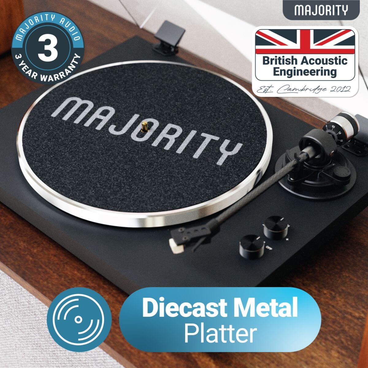 Majority Stylo Bluetooth Turntable + D100 Active Bookshelf Speakers Set - K&B Audio