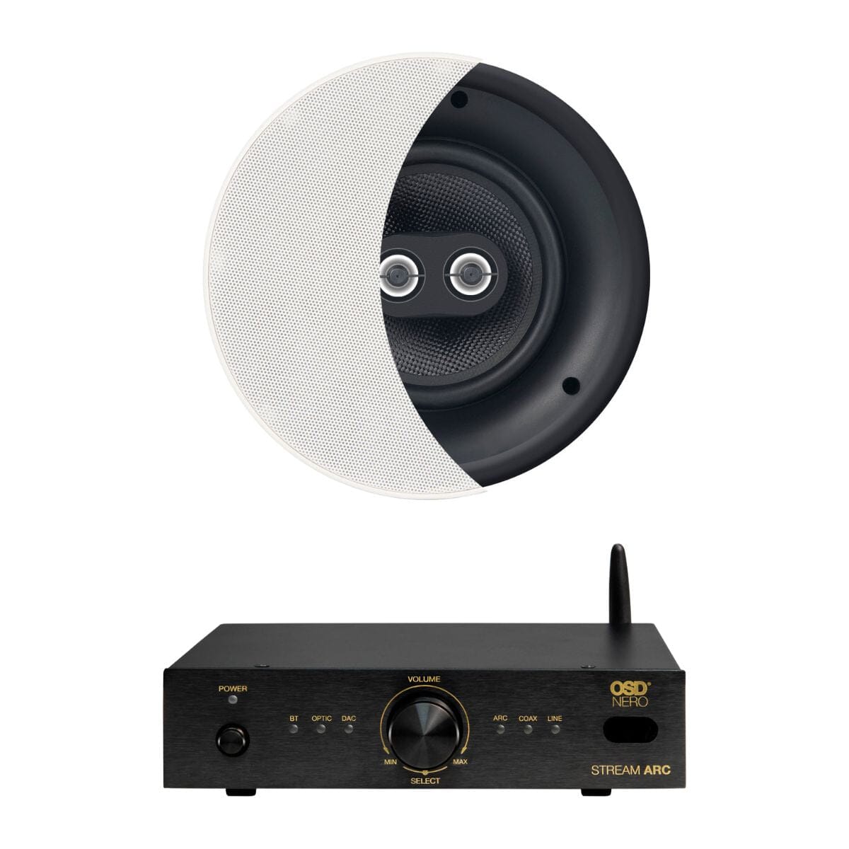 OSD Audio Nero Stream ARC Amplifier + ACE840TT 8" Stereo Ceiling Speaker - K&B Audio