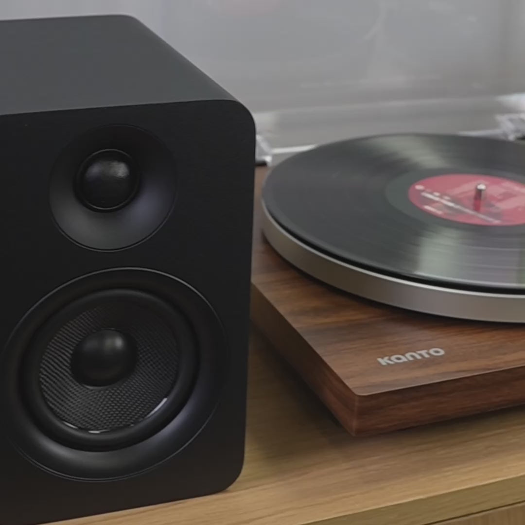 Load video: Kanto OBI3 Bluetooth Turntable + YU Active Bookshelf Speakers with Bluetooth - K&amp;B Audio