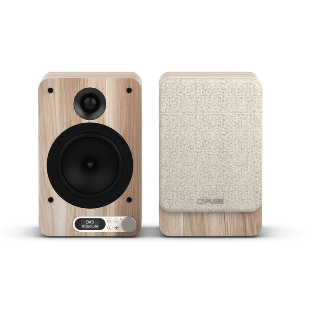 [OPEN BOX] Pure Classic Active Bookshelf Speakers with Bluetooth, DAB Radio - White / Oak - K&B Audio