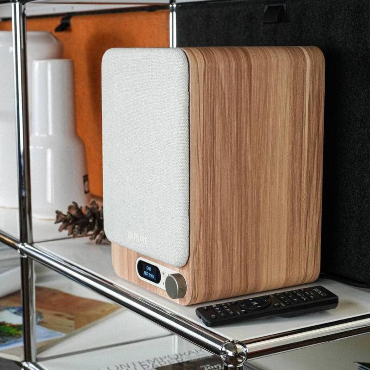 [OPEN BOX] Pure Classic Active Bookshelf Speakers with Bluetooth, DAB Radio - White / Oak - K&B Audio